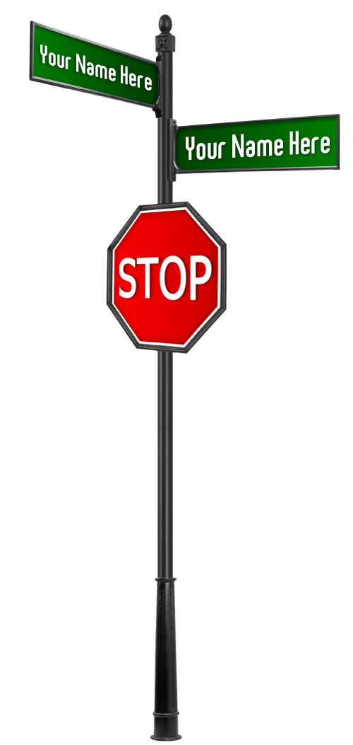 Customizable decorative street-sign pole with sample street-name blades and a stop sign