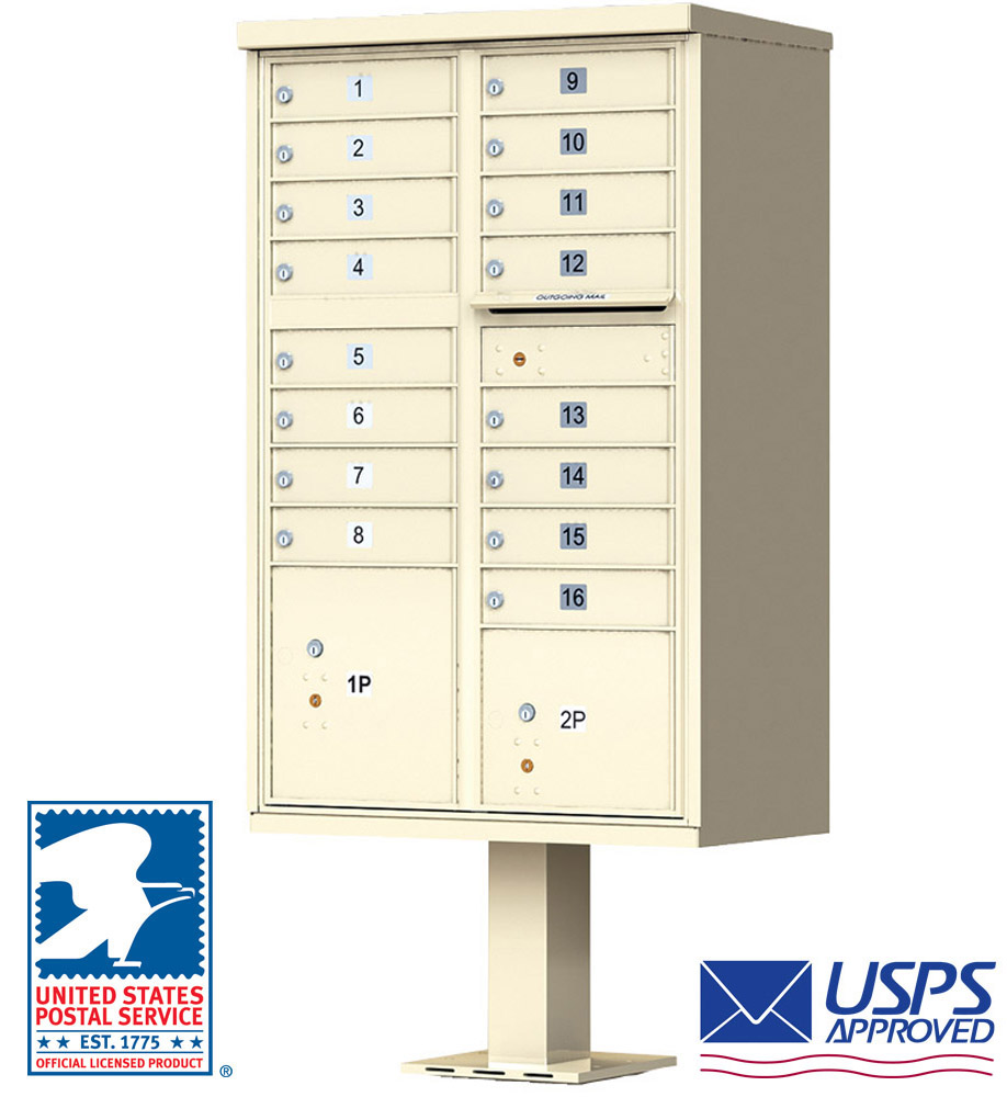 CBU-16 commercial — 16 Door USPS Cluster Mailbox CBU with 2 Parcel Lockers.