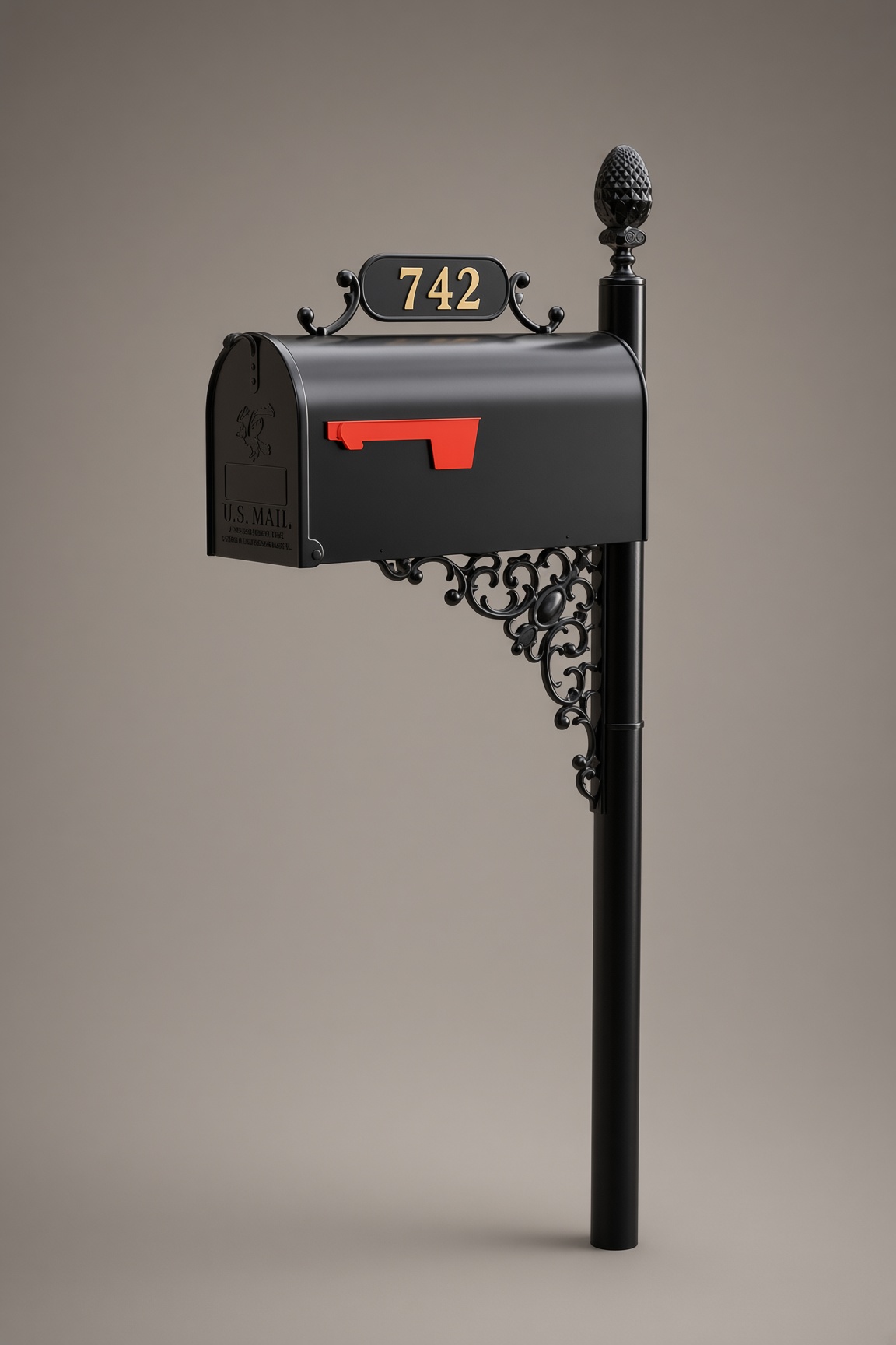 CM100 mailboxes — Pineapple finial, oak scroll, standard black mailbox.