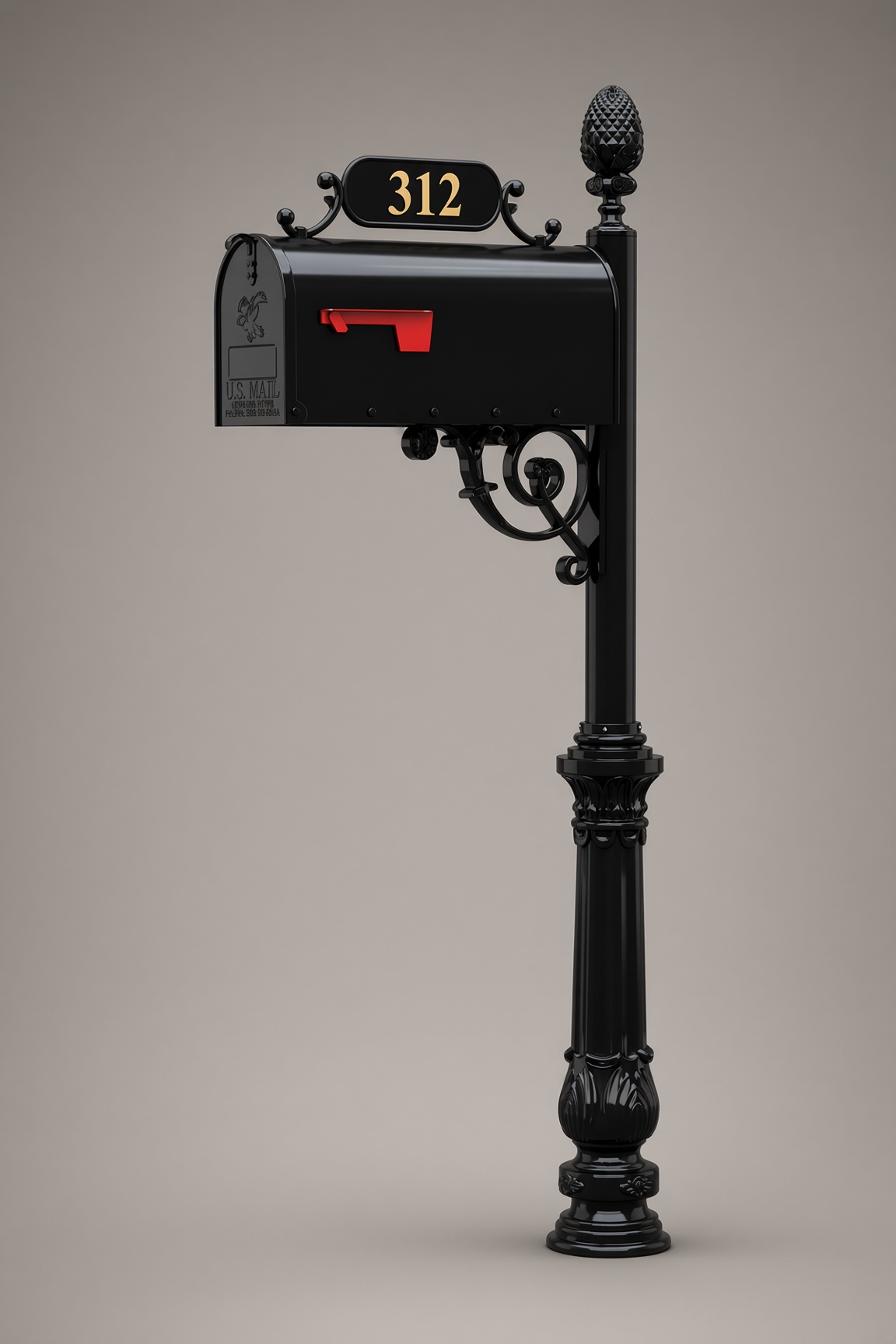 CM102 mailboxes — Pineapple finial, ornate scroll, oval plaque.