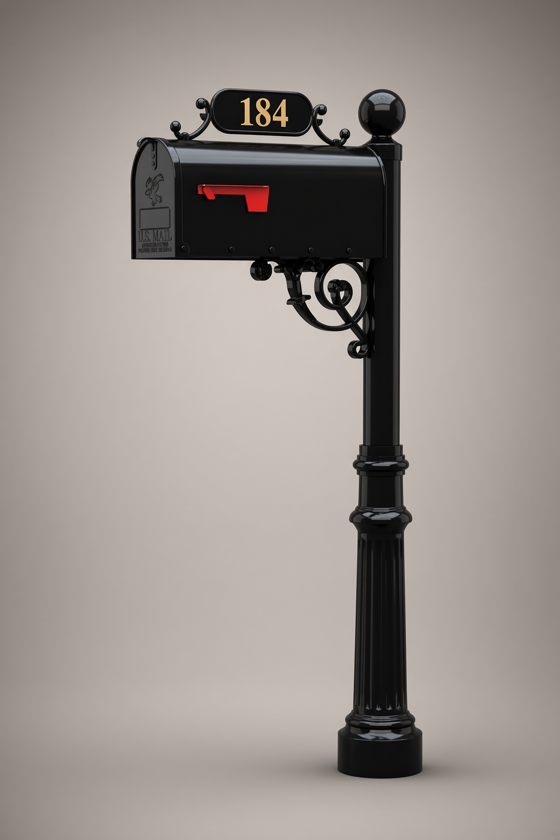 CM108 mailboxes — Large box, ball finial, scroll.
